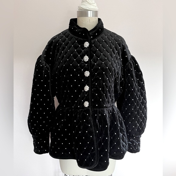 Black Quilted Velvet Rhinestone Studded Jacket - Picture 1 of 8